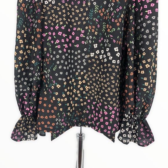 Never Fully Dressed Black Meadow Floral Tie Neck Long Sleeve Cinched Cuff Top 2 - Picture 8 of 12